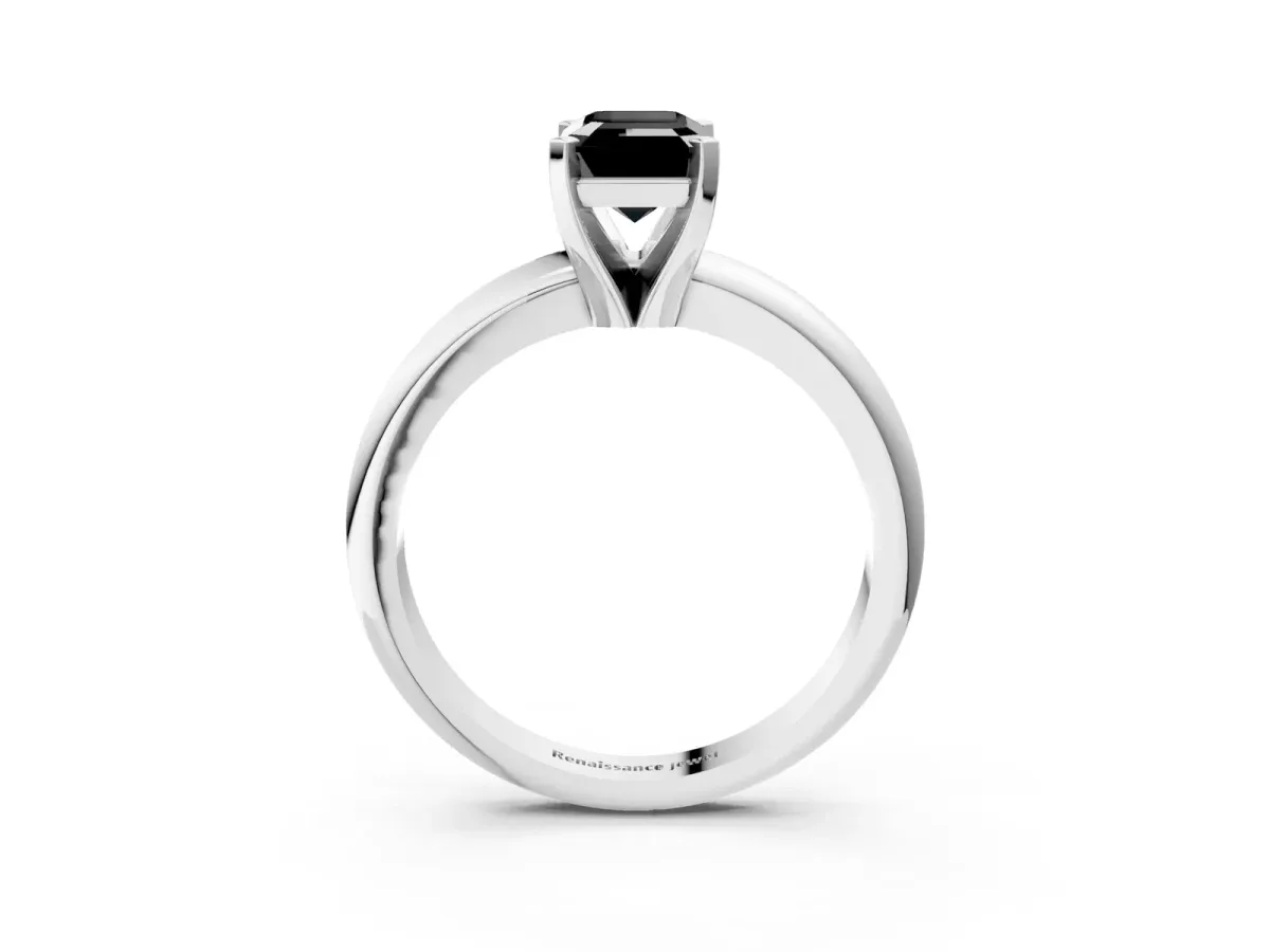 Fancy Black Emerald Cut Diamond Solitaire Engagement Ring with Round Band and Four-Prong Setting Silver