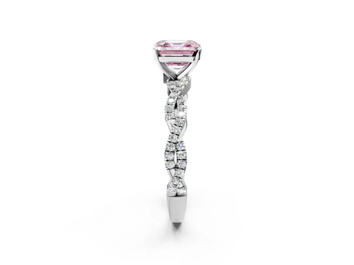 Fancy Pink Asscher Cut Solitaire Twisted Pave Band with Four-Prong Setting Platinum