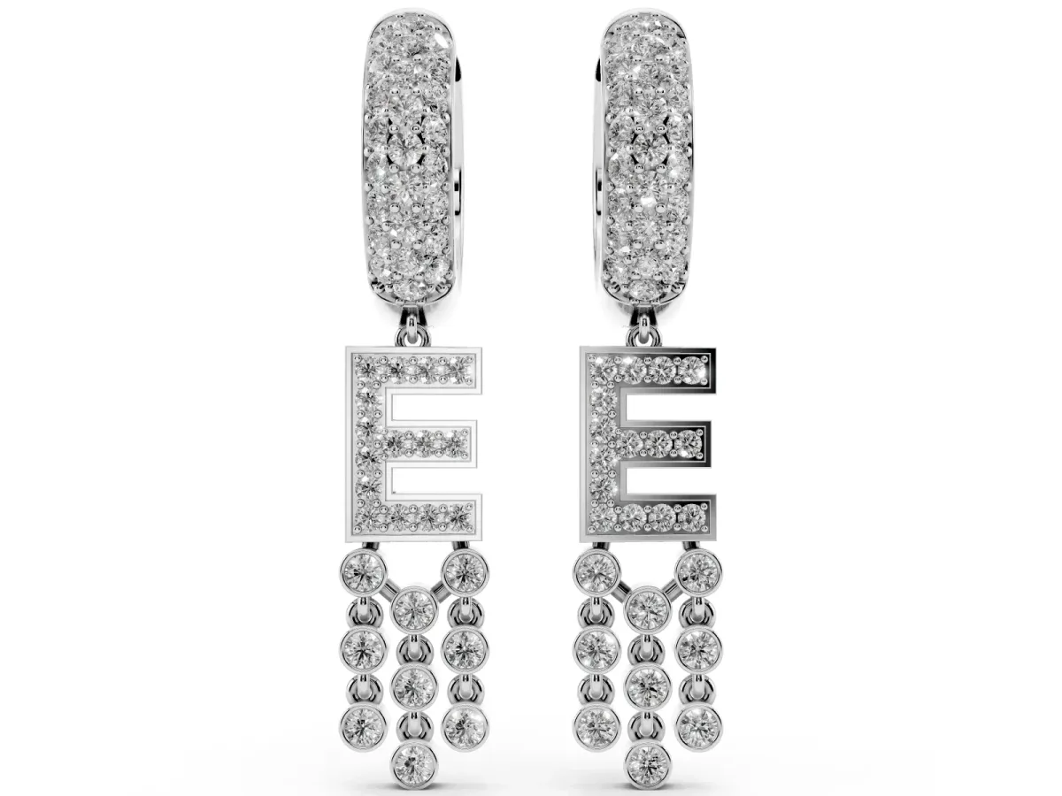 Round Diamond Initial E Huggie Hoop Earrings White gold