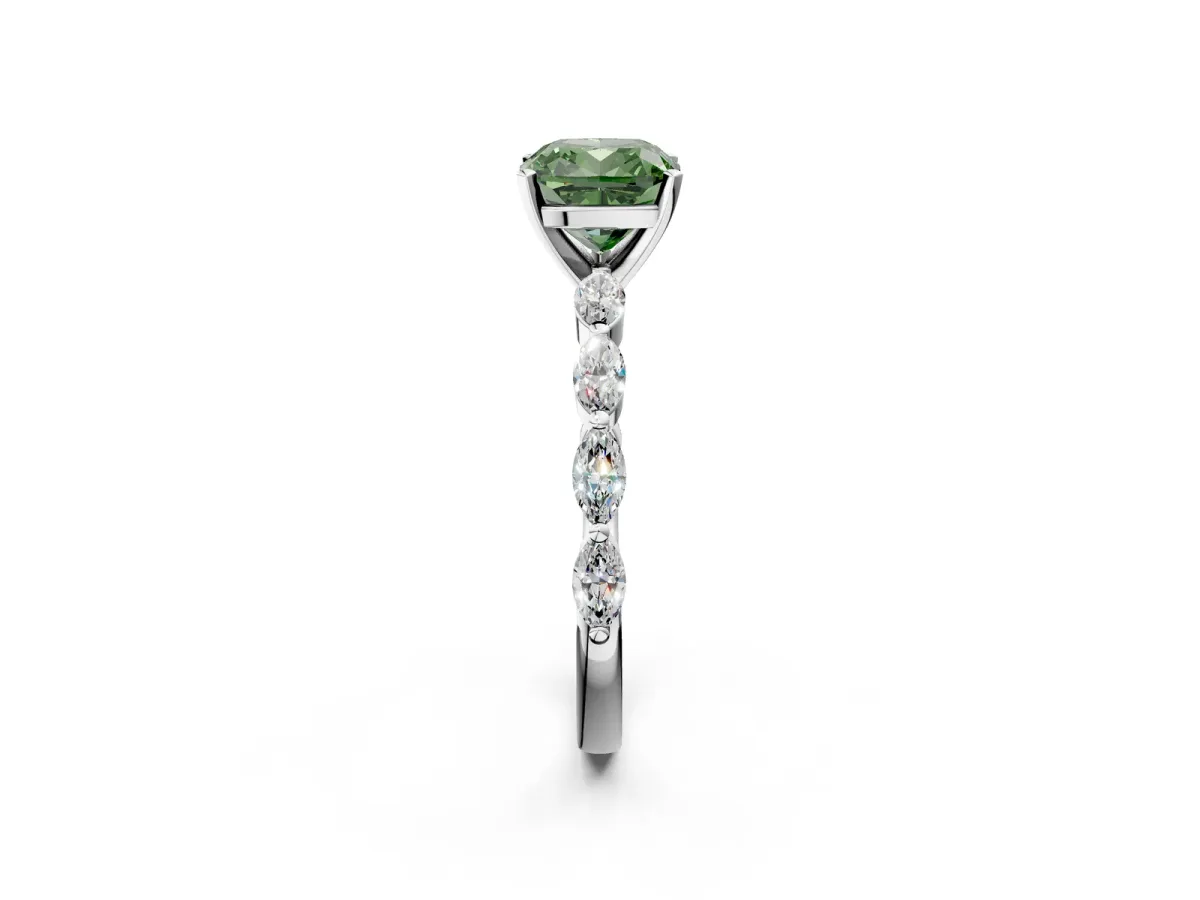 Fancy Green Cushion Cut Diamond Ring with Marquise Side Stones and Prong Setting Platinum