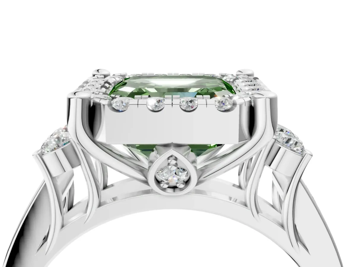 Fancy Green Asscher Cut Halo Diamond Engagement Ring with Split Shank and Four-Prong Setting Platinum
