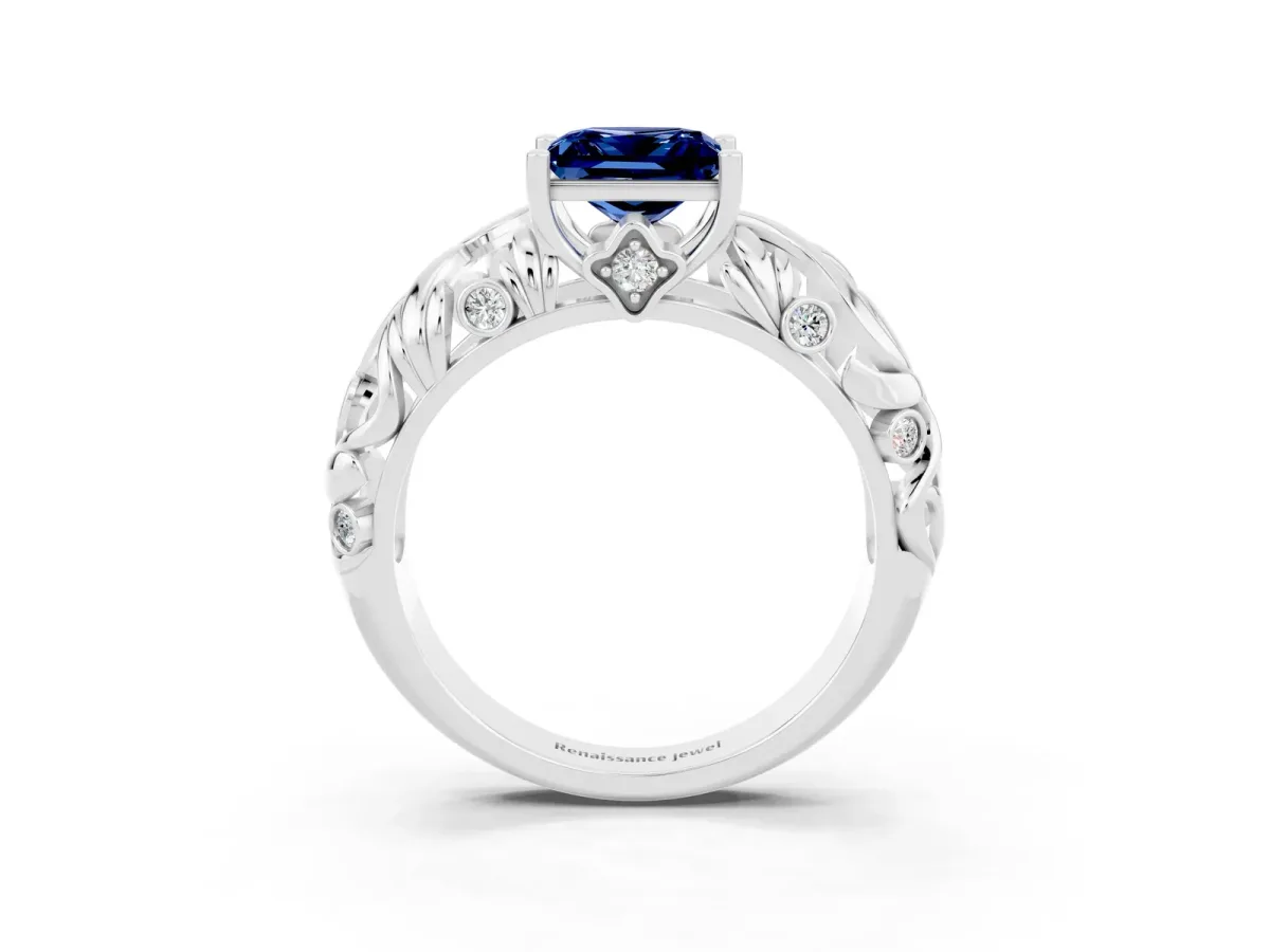 Princess Cut Solitaire Blue Sapphire Leaf-Inspired Vine Band Ring with Prong Setting White gold