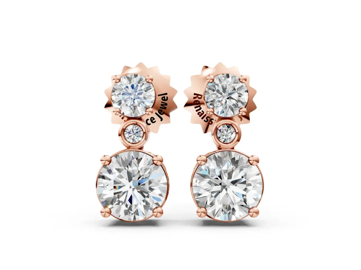 Round Diamond Two Stone Drop Earrings with Bezel Diamond Accent Rose gold