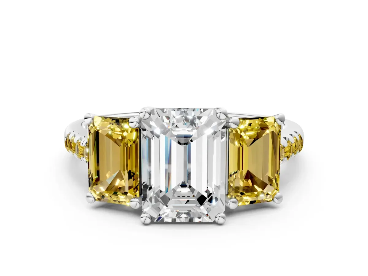 Three-Stone Emerald Cut Diamond Ring with Round Yellow Sapphire Pavé Band and Prong Setting Silver