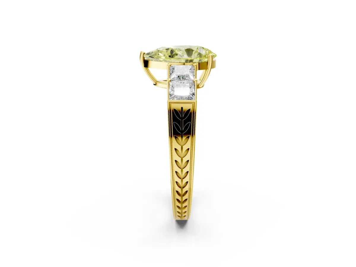 Fancy Yellow Pear Cut Solitaire Princess Side Stone Engraved Band Prong Setting Ring Yellow gold