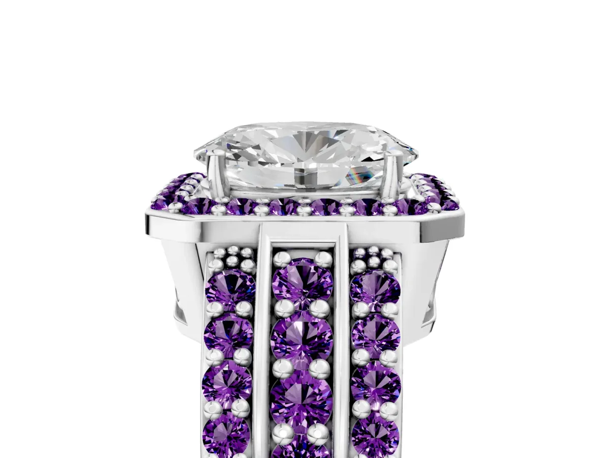 Oval Cut Halo Diamond Ring with Round Amethyst Split Shank and Prong Setting White gold