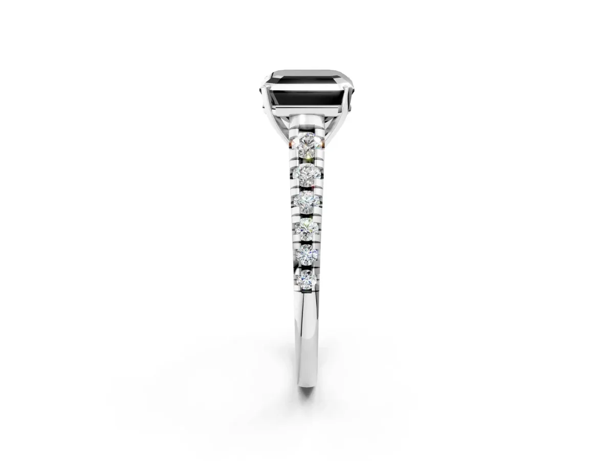 Fancy Black Asscher Cut Diamond Cathedral Solitaire Ring with Round Pavé Band Silver