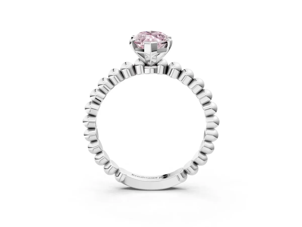 Fancy Pink Marquise Cut Diamond Solitaire Ring with Beaded Band and Prong Setting Silver