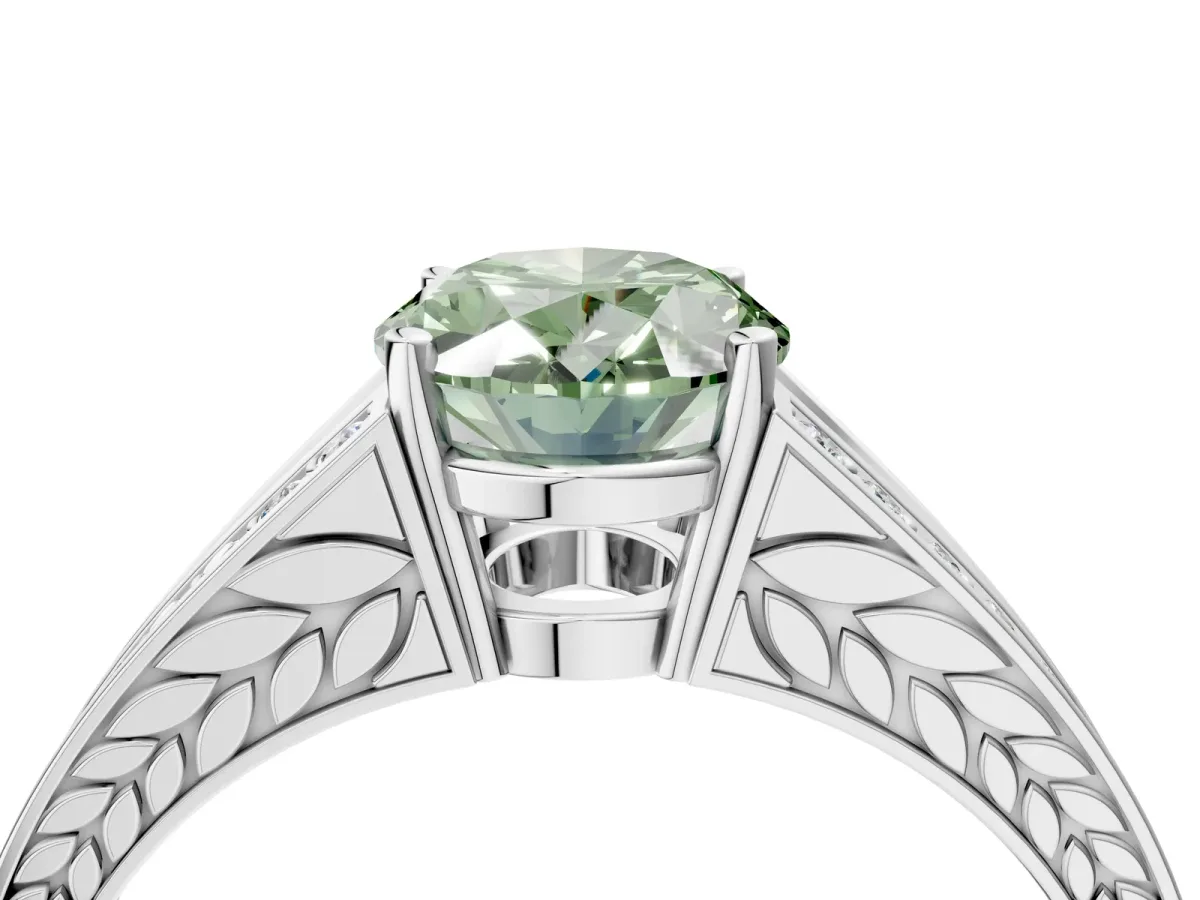Fancy Green Oval Cut Diamond Split Shank Ring with Pavé Band and Four-Prong Setting White gold