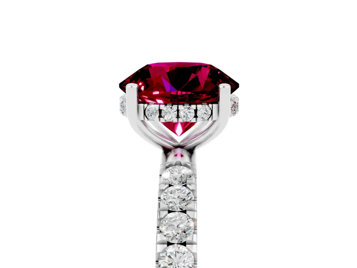 Round Cut Garnet Pave Band Solitaire Ring with Round and Prong Setting Platinum