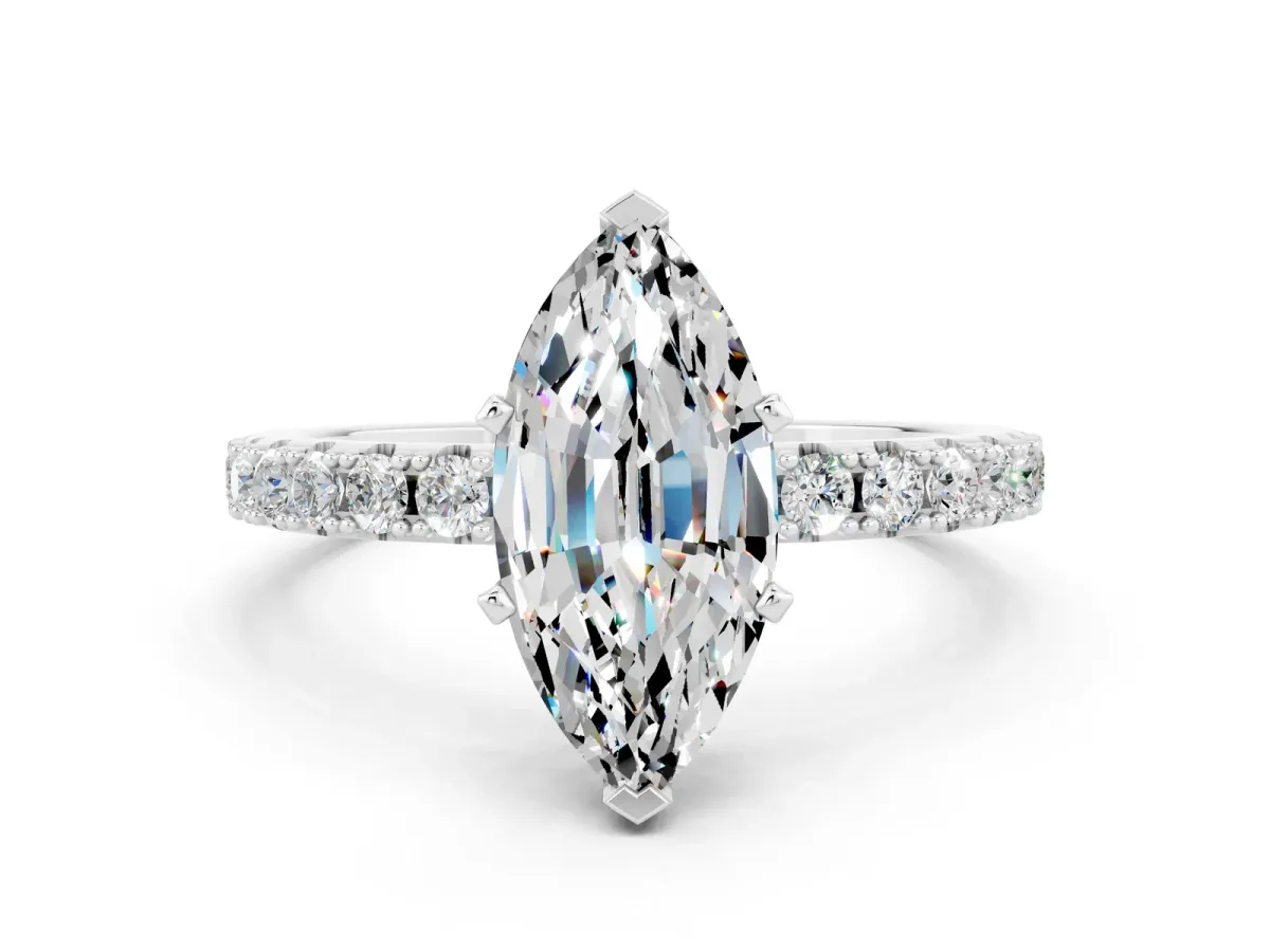 Marquise Cut Moissanite Solitaire Pavé Band with Four-Prong Setting Silver