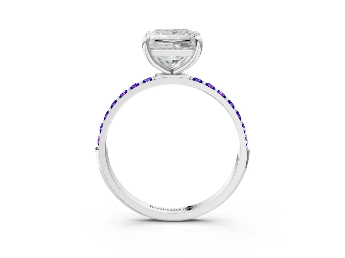 Princess Cut Diamond Solitaire Ring with Round Tanzanite Pavé Band and Prong Setting Silver