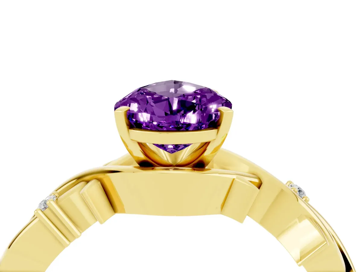Pear Cut Amethyst Solitaire Ring with Twisted Band and Prong Setting Yellow gold