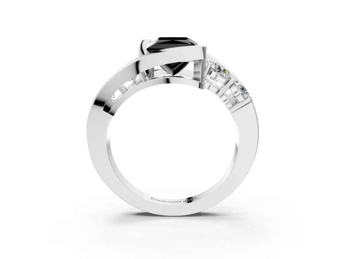 Fancy Black Bezel Set Princess Cut Diamond Bypass Ring with Round Accents Platinum