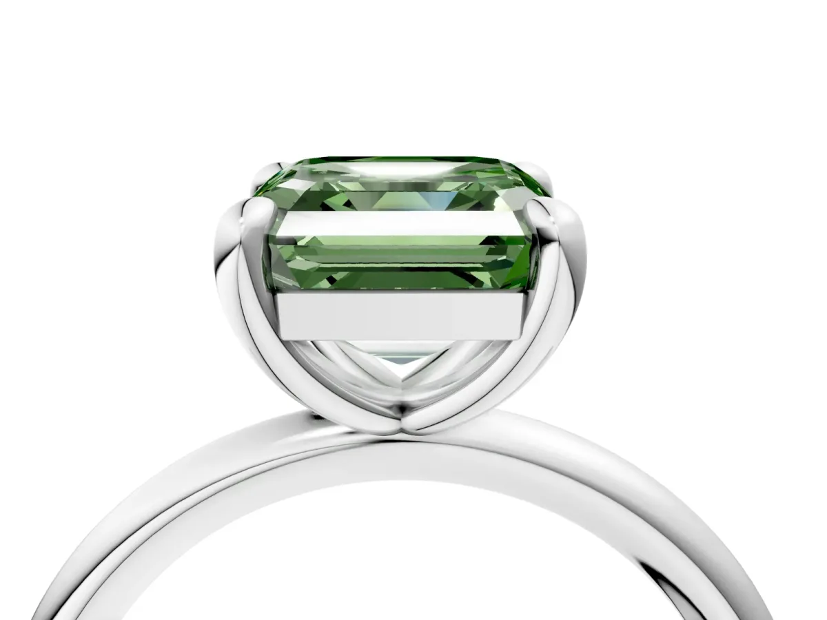Fancy Green Asscher Cut Solitaire Diamond Ring with Four-Prong Setting on a Plain Band Platinum