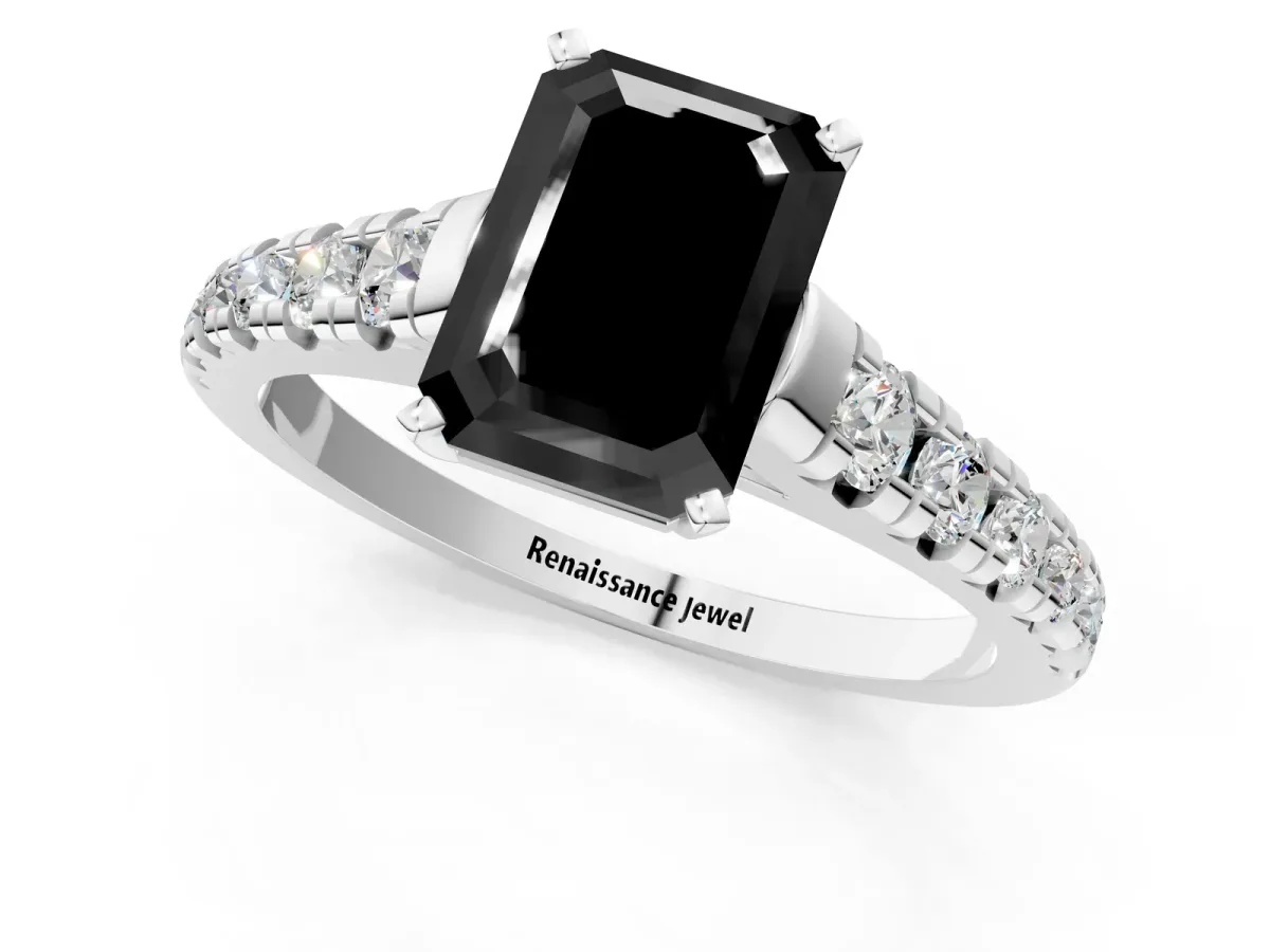 Fancy Black Emerald Cut Diamond Cathedral Solitaire Ring with Round Pavé Band Platinum