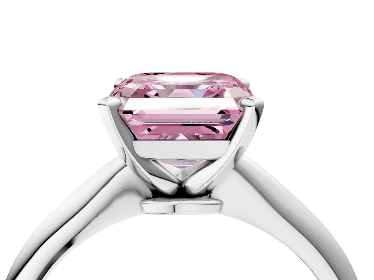 Fancy Pink Asscher Cut Diamond Solitaire Engagement Ring with Classic Band and Four-Prong Setting Silver