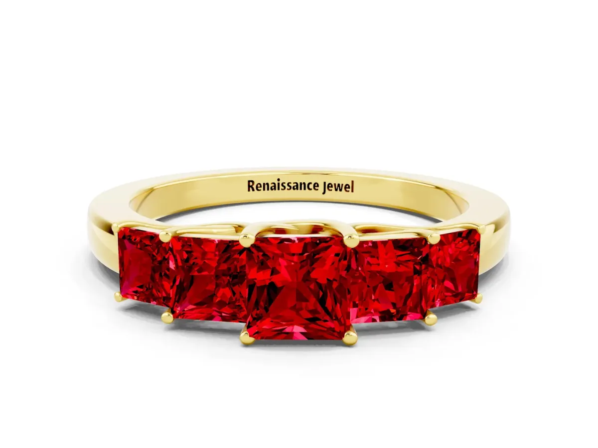 Princess Cut Five-Stone Ruby Ring with Classic Prong Setting Yellow gold
