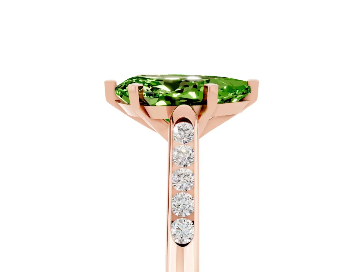 Pear Cut Peridot Solitaire Ring with Channel Set Round Band and Prong Setting Rose gold
