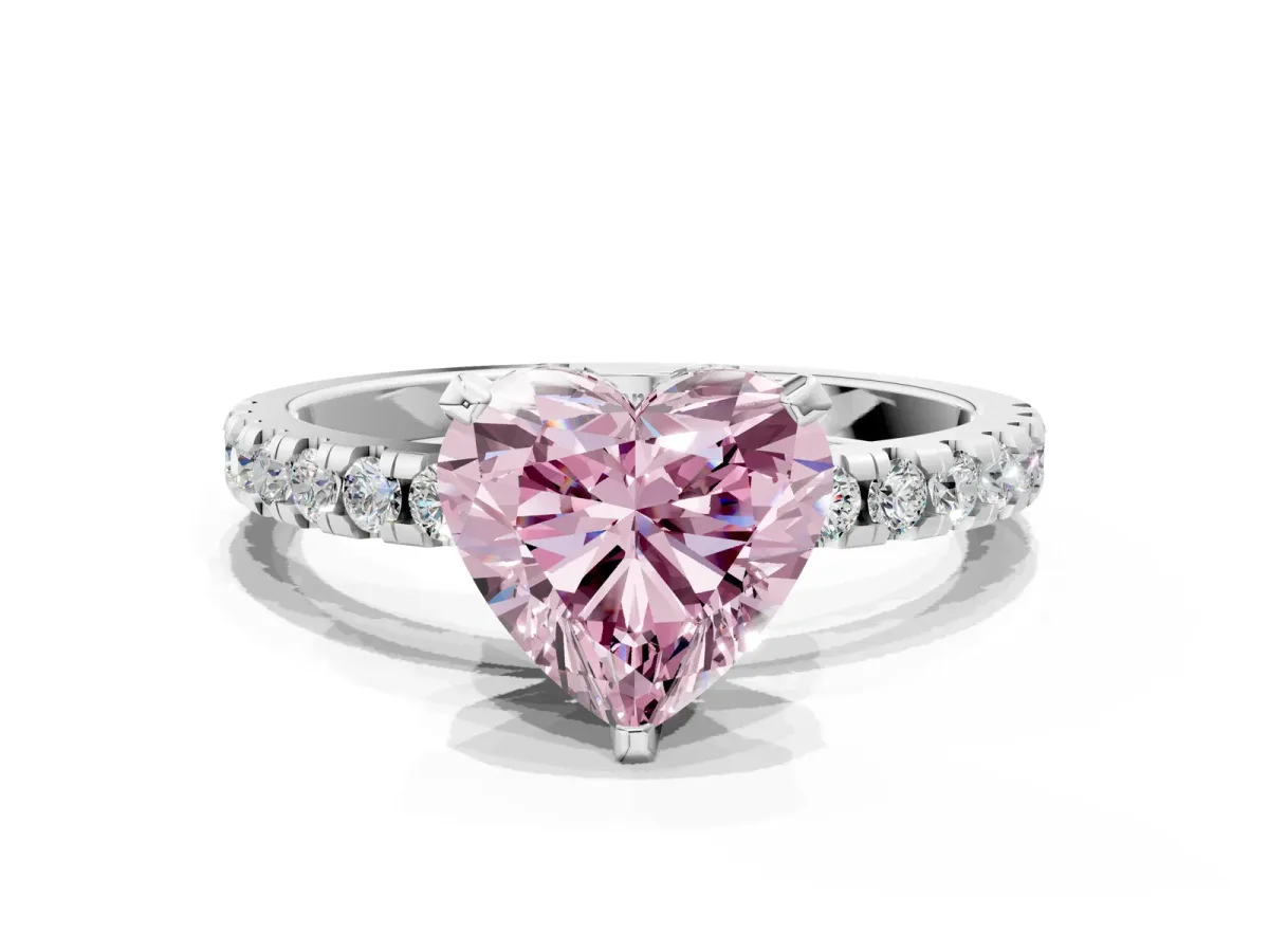 Fancy Pink Heart Cut Diamond Solitaire Ring with Round Pavé Band and Four-Prong Setting Silver