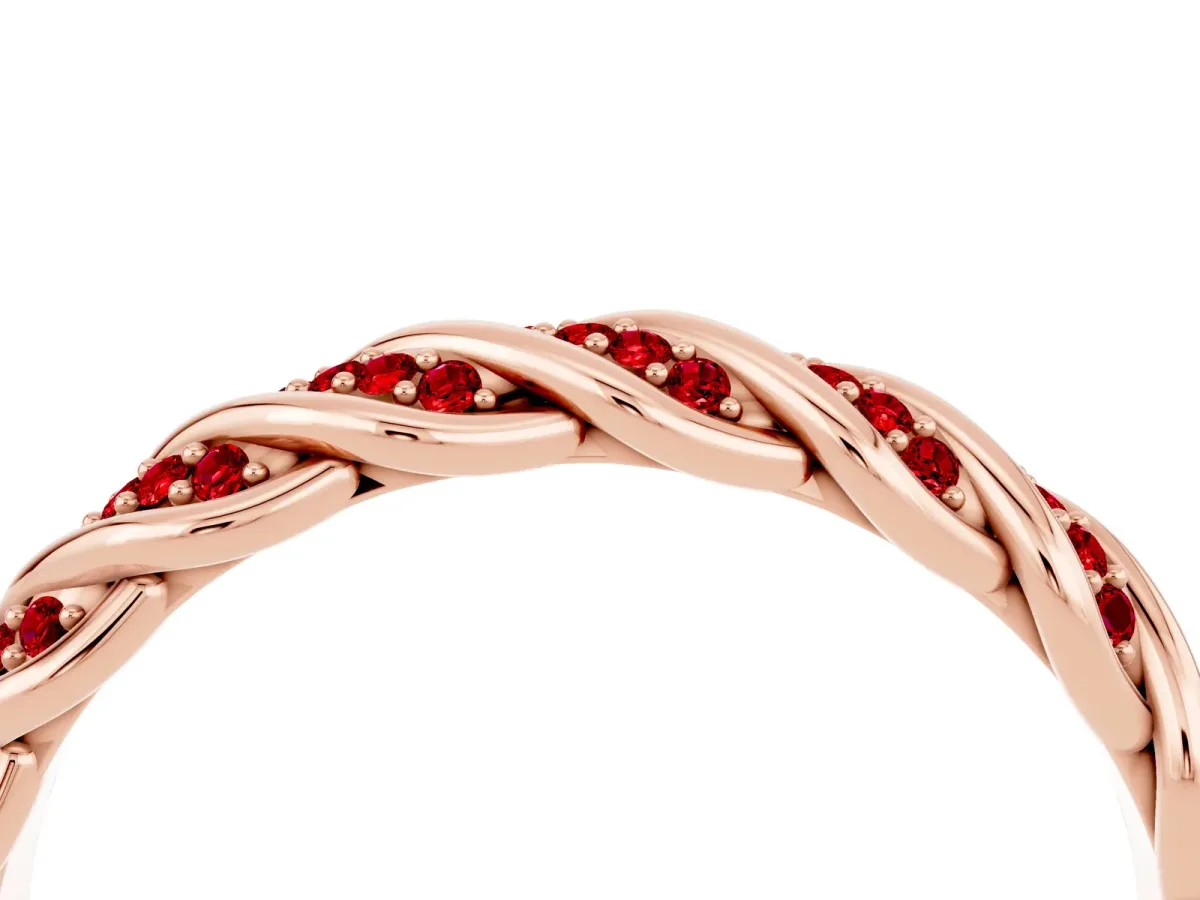 Twisted Pavé Round Ruby Eternity Band with Shared Prong Setting Rose gold