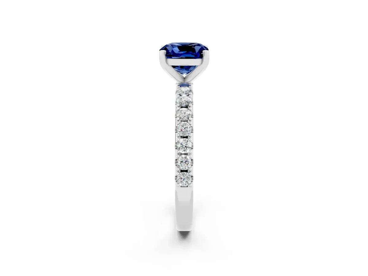 Cushion Cut Blue Sapphire Solitaire Pavé Band with Four-Prong Setting Silver