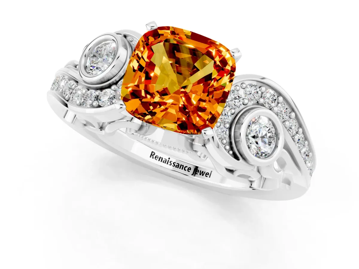 Cushion Cut Citrine Solitaire Ring with Milgrain Pavé Band and Four-Prong Setting Silver