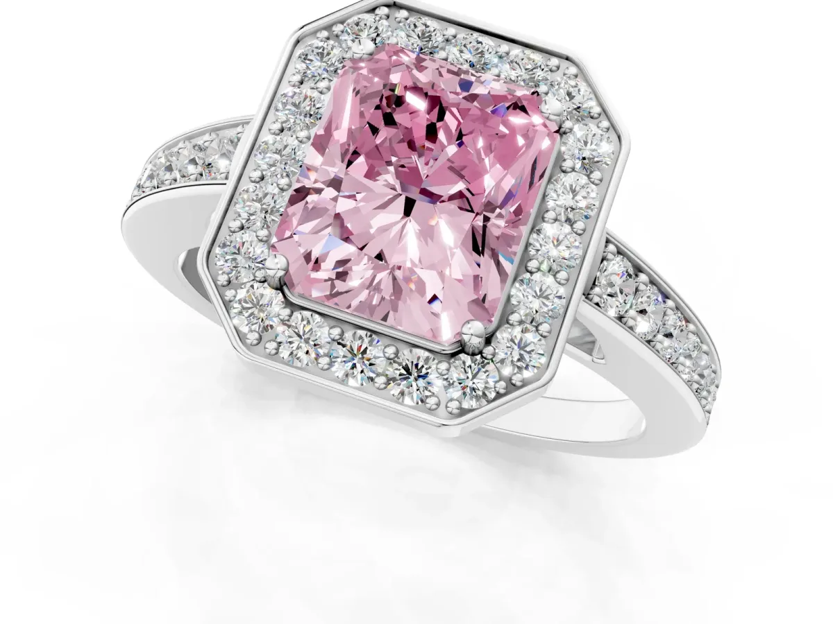 Fancy Pink Radiant Cut Halo Pavé Diamond Engagement Ring with Bezel Setting Silver
