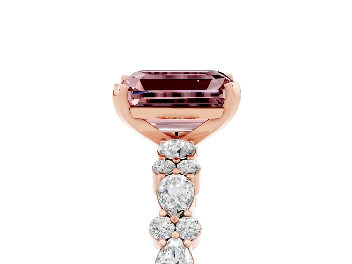 Emerald Cut Morganite Side Stone Solitaire Ring with Round and Four-Prong Setting Rose gold