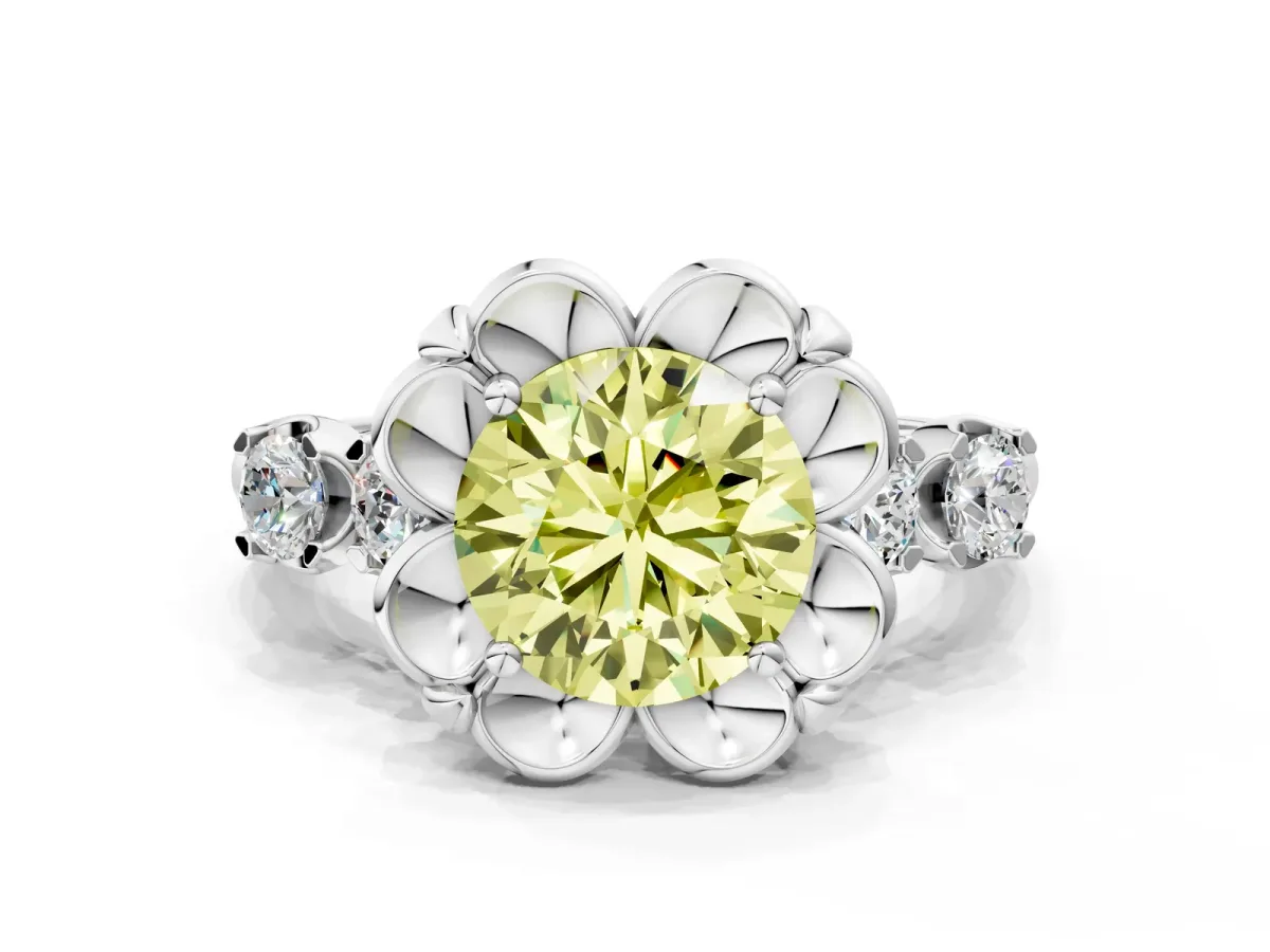 Fancy Yellow Round Cut Cut Diamond Floral Halo Engagement Ring with Shared Prong Setting Silver