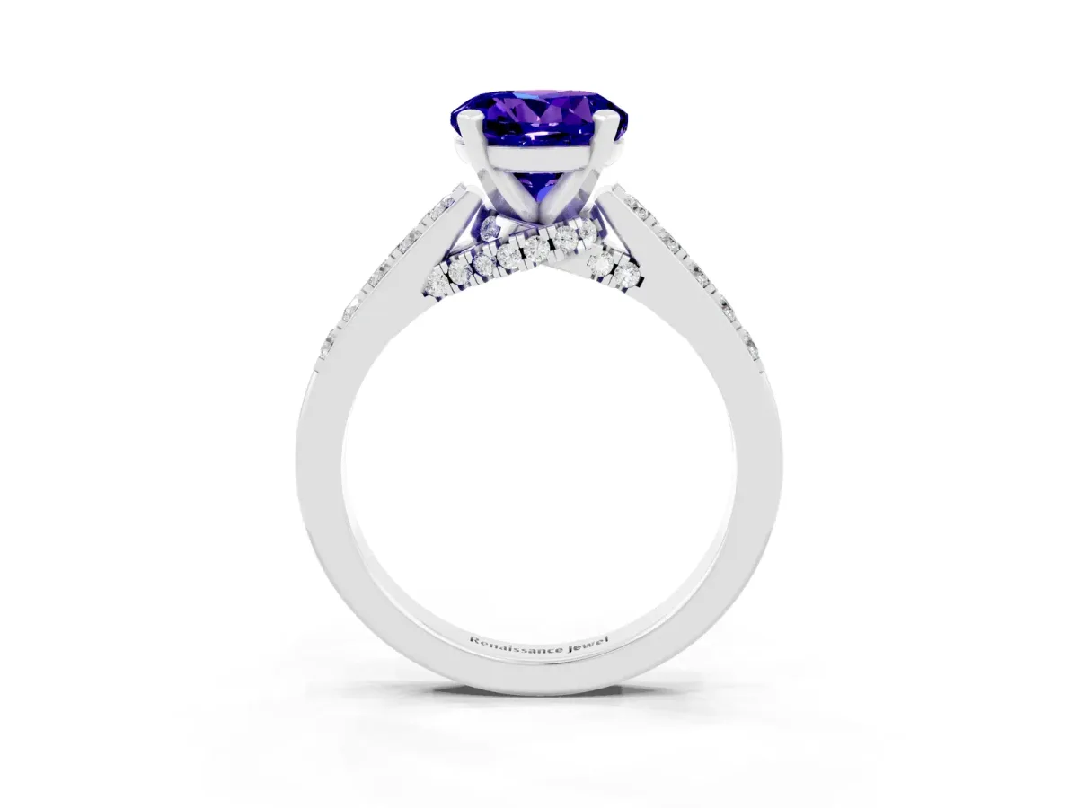 Round Cut Tanzanite Solitaire Ring with Crossover Gallery and Round Pavé Band Silver