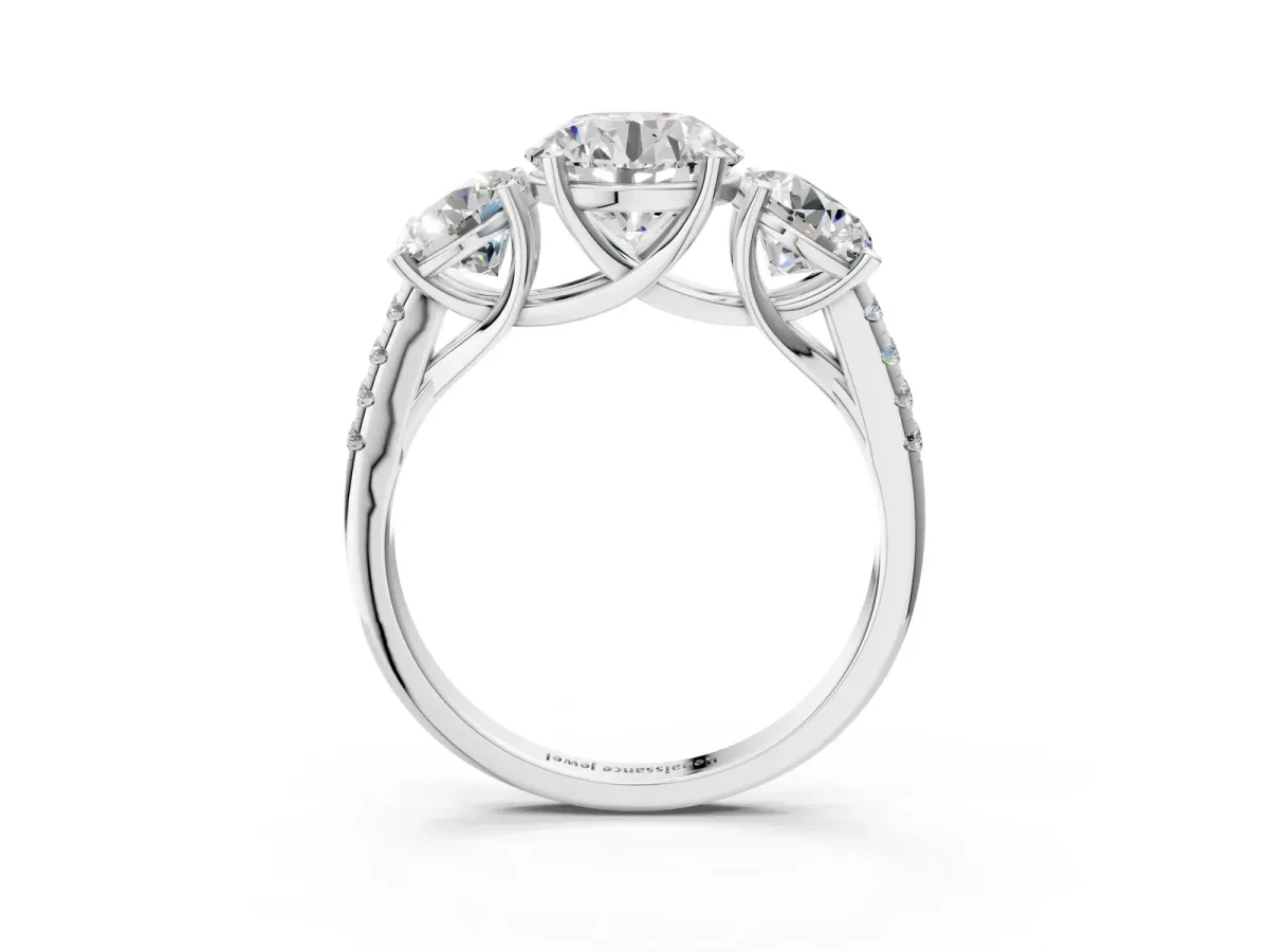 Three-Stone Round Cut Diamond Ring with Round Moissanite Pavé Band and Prong Setting Silver
