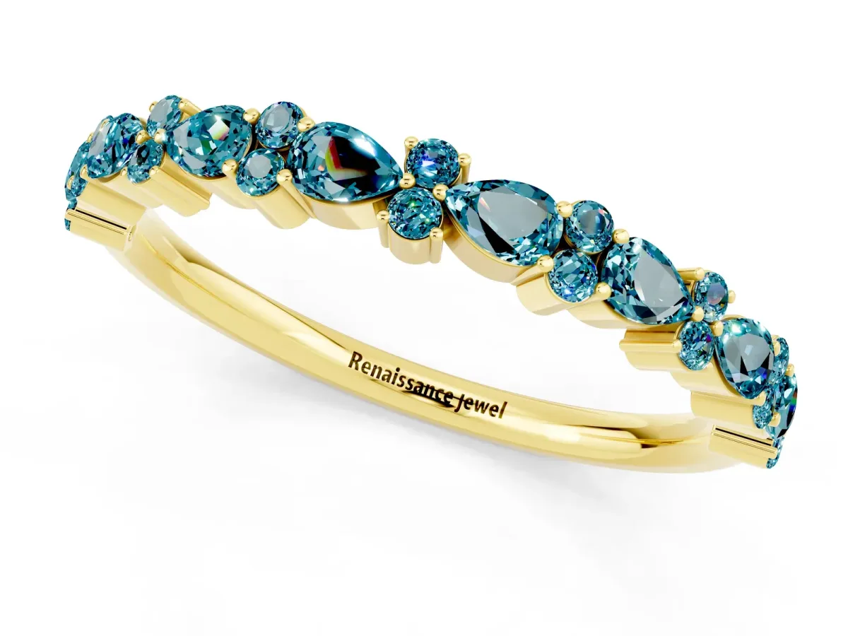 Pear and Round Blue Topaz Wedding Band Yellow gold