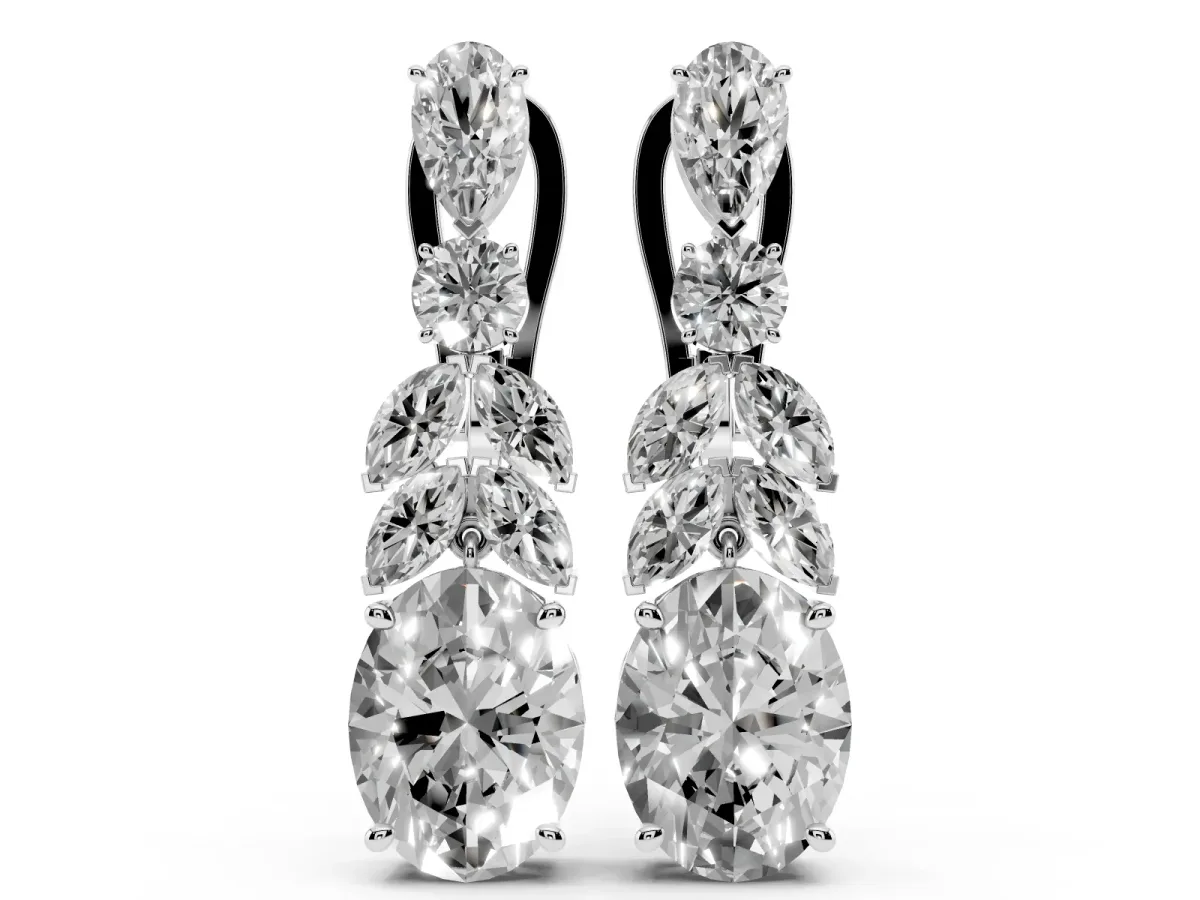 Oval, Marquise and Round Diamond Huggie Drop Earrings Silver