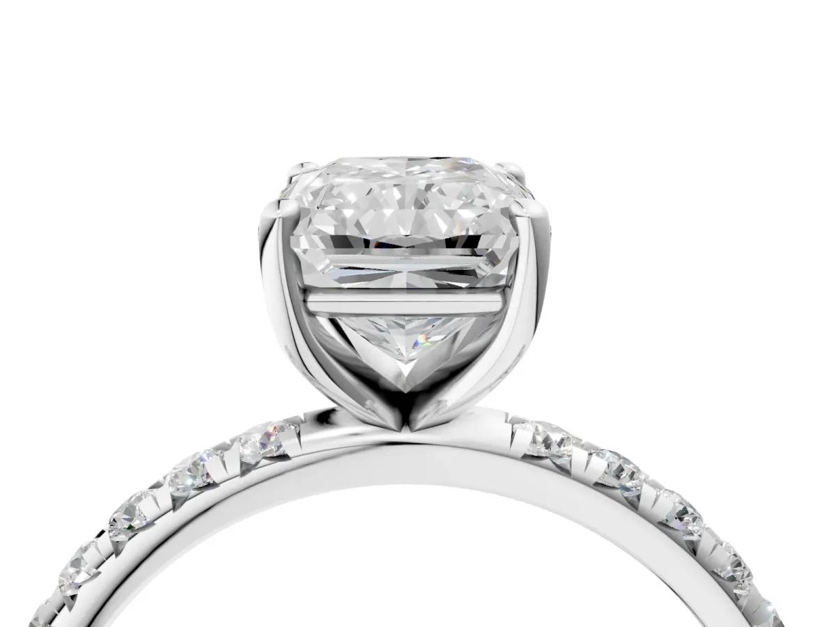 Radiant Cut Cut Diamond Solitaire Ring with Micro Pave Band and Four Prong Setting Platinum