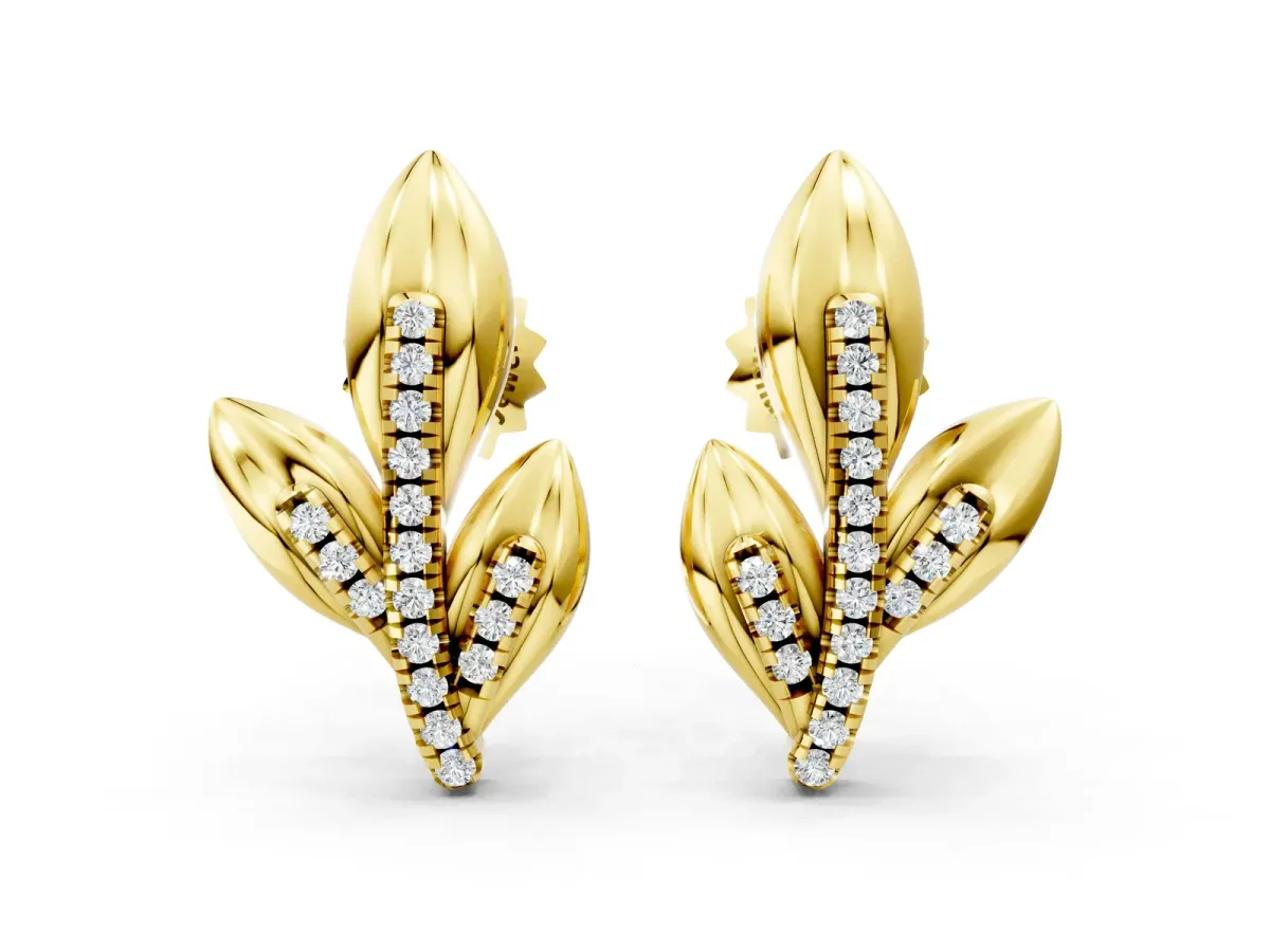 Round Diamond Olive Branch Stud Earrings Yellow gold