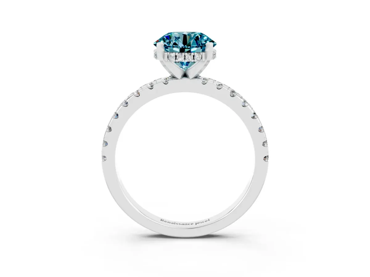 Round Cut Blue Topaz Solitaire Ring with Round Pavé Band and Four-Prong Setting Silver
