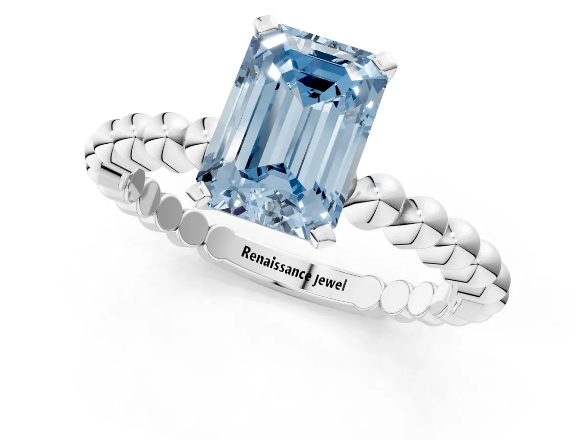 Fancy Blue Emerald Cut Diamond Solitaire Ring with Beaded Band and Prong Setting White gold