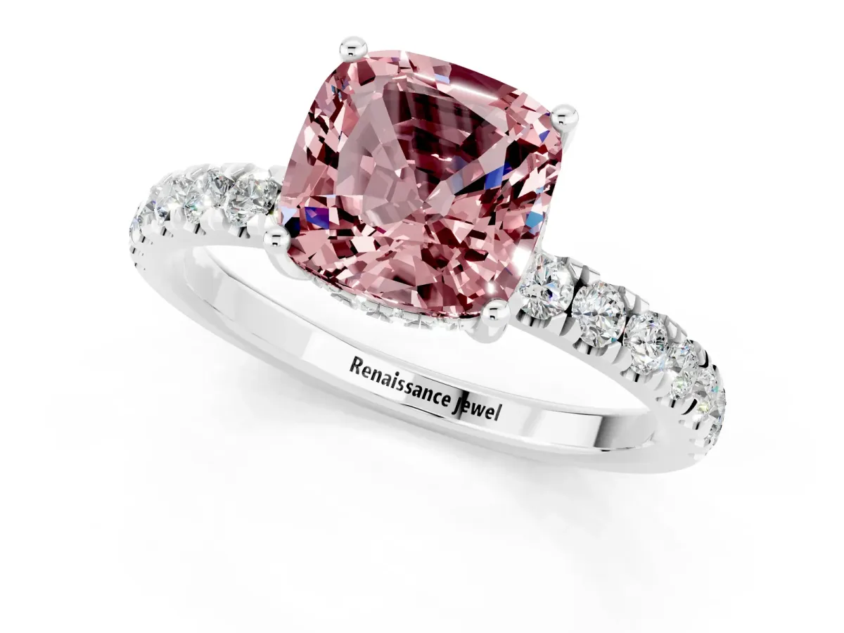 Cushion Cut Morganite Pave Band Solitaire Ring with Round and Prong Setting Platinum