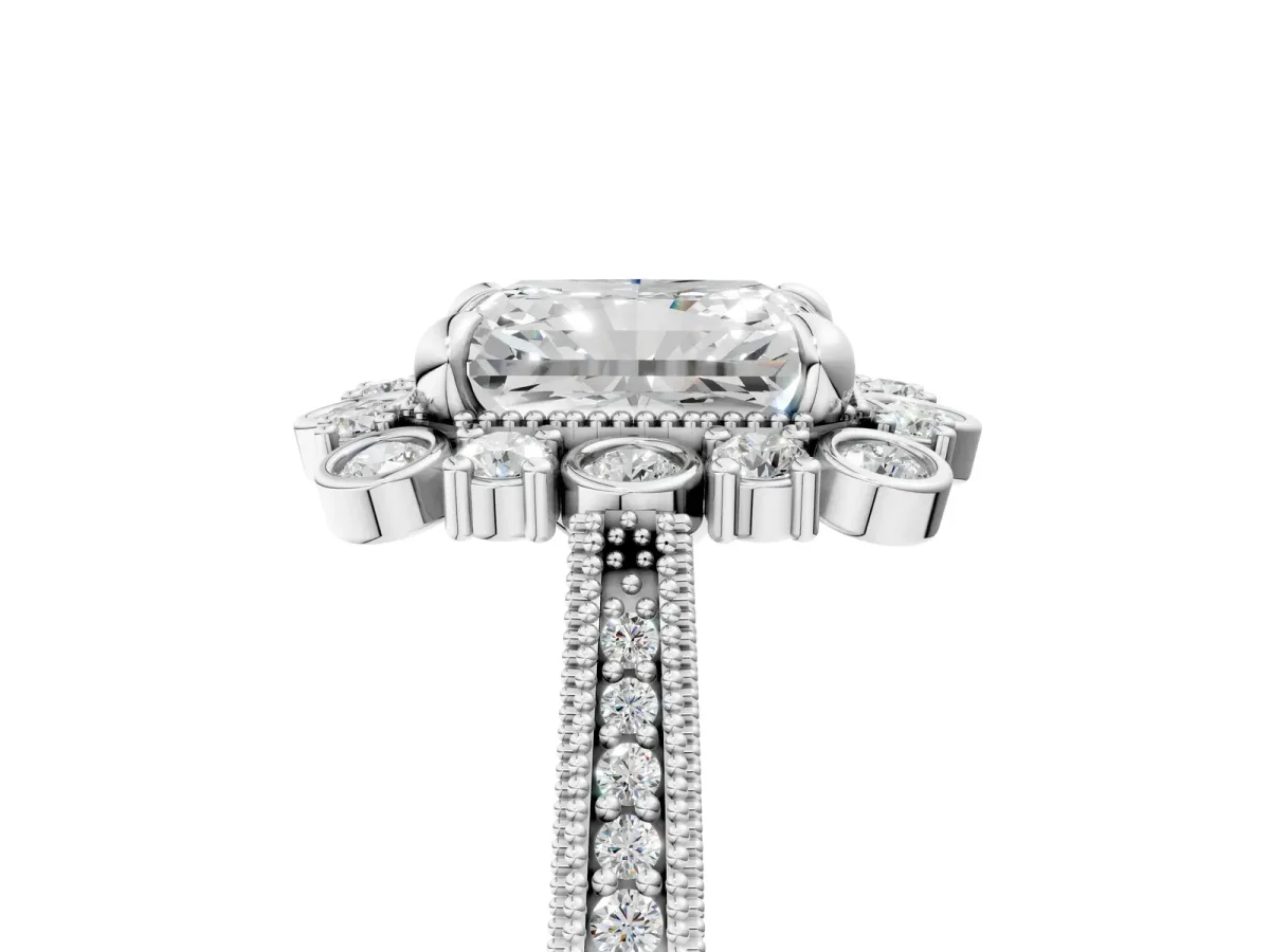 Radiant Cut Halo Milgrain Pave Diamond Ring with Four-Prong Setting Platinum