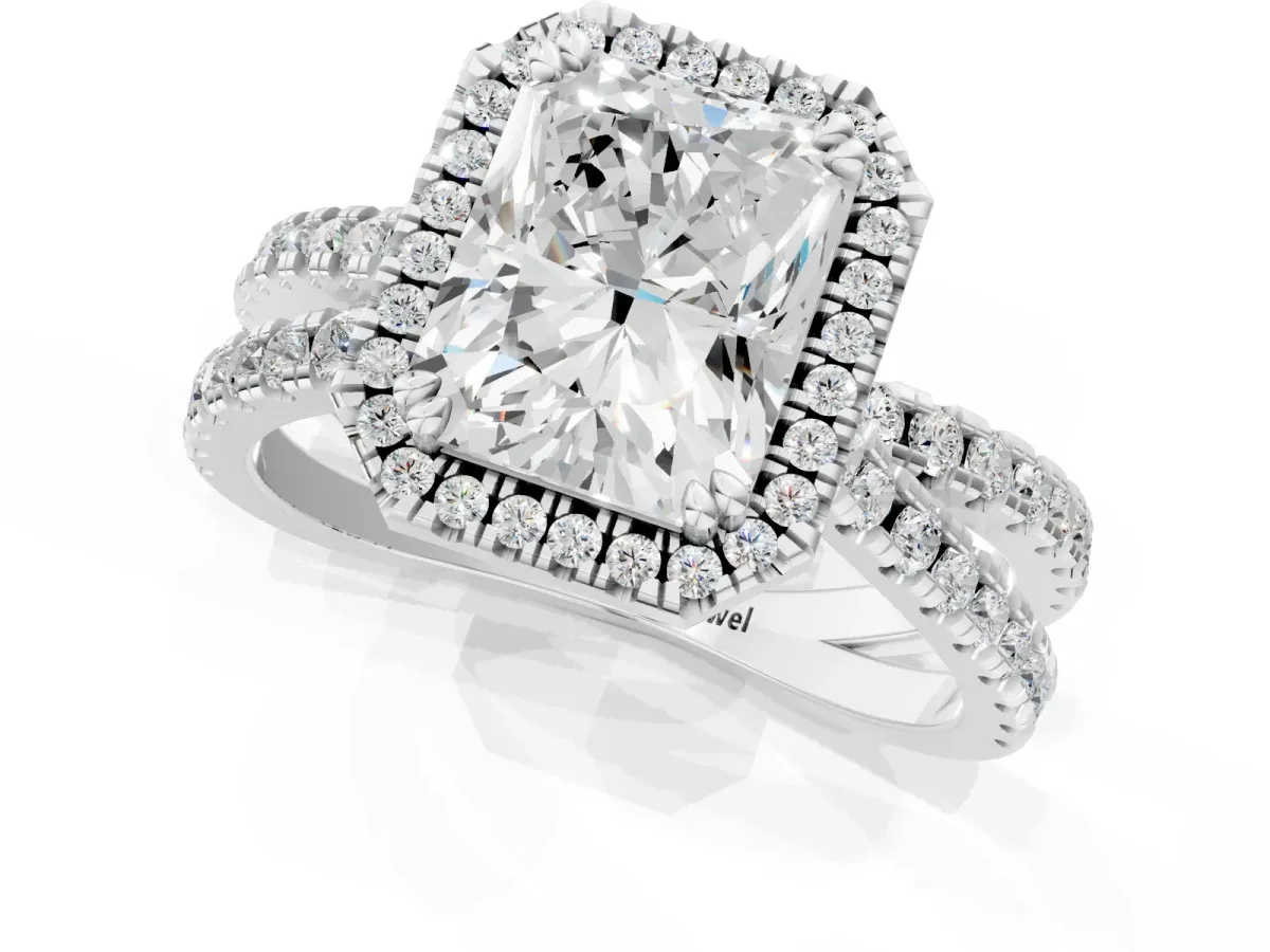 Radiant Cut Halo Split Shank Diamond Ring with Pavé Setting Platinum