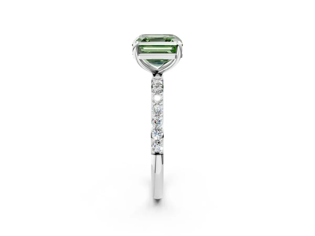 Fancy Green Asscher Cut Diamond Solitaire Ring with Round Pavé Band and Prong Setting Silver