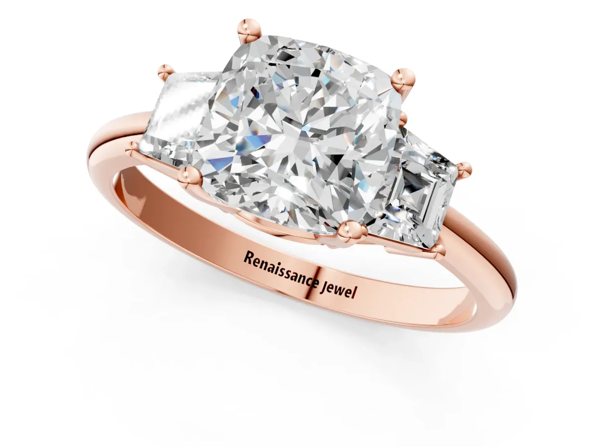 Cushion Cut Diamond Three-Stone Ring with Trapezoid Side Stones and Prong Setting Rose gold
