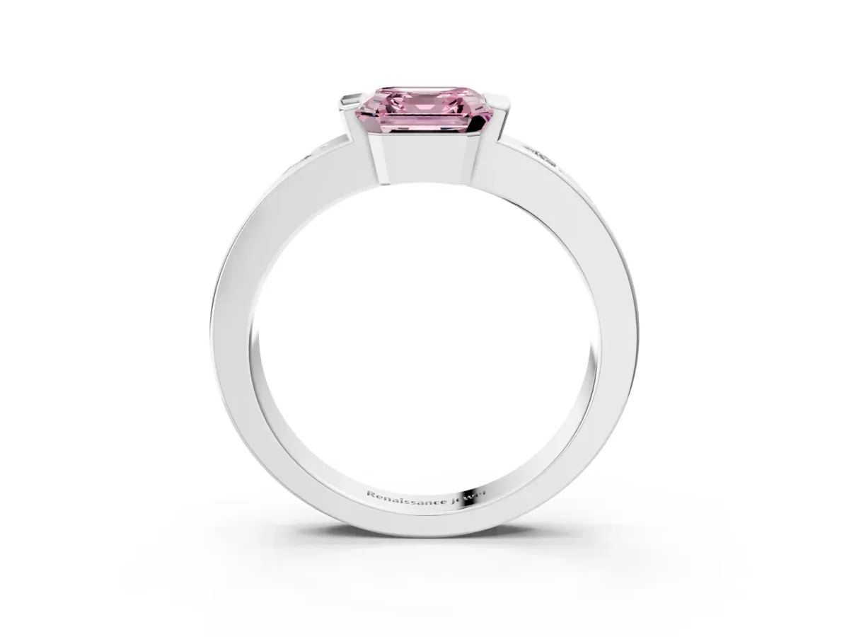 Fancy Pink Asscher Cut Brilliant Channel-Set Diamond Ring with Bezel Prong Setting Platinum