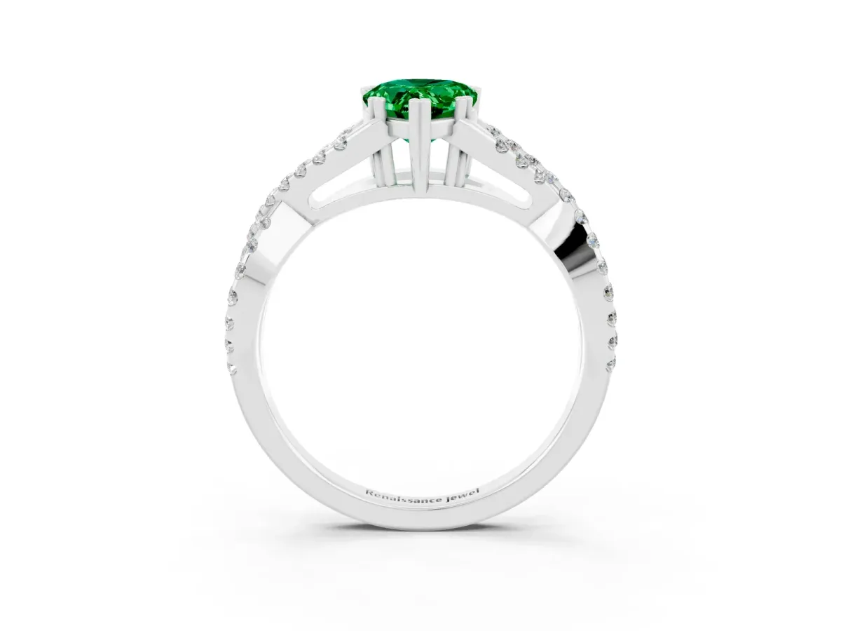 Pear Cut Emerald Solitaire Ring with Four-Prong Setting and Twisted Pavé Band Platinum