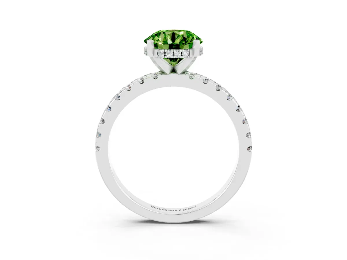 Round Cut Peridot Solitaire Ring with Round Pavé Band and Four-Prong Setting Silver