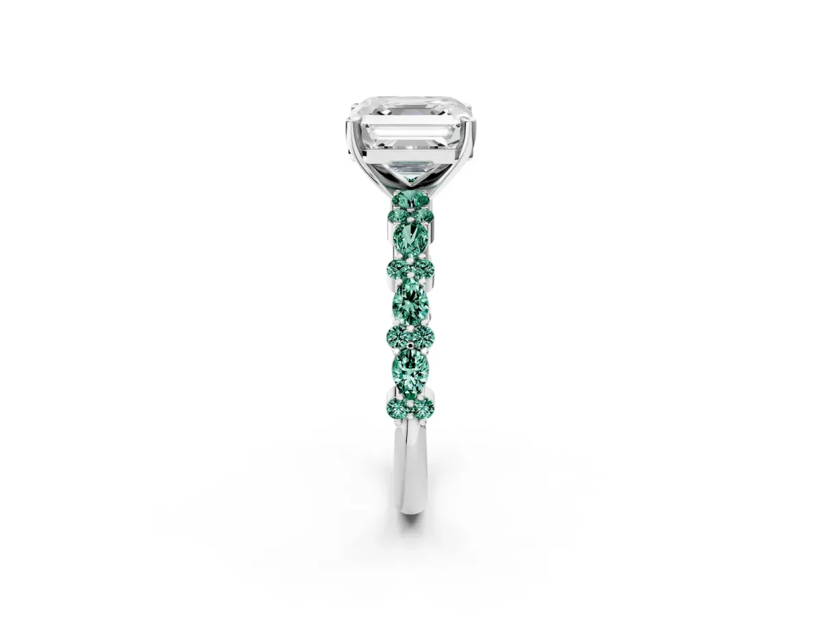 Asscher Cut Diamond Side Stone Solitaire Ring with Round Green Sapphire and Four-Prong Setting Silver