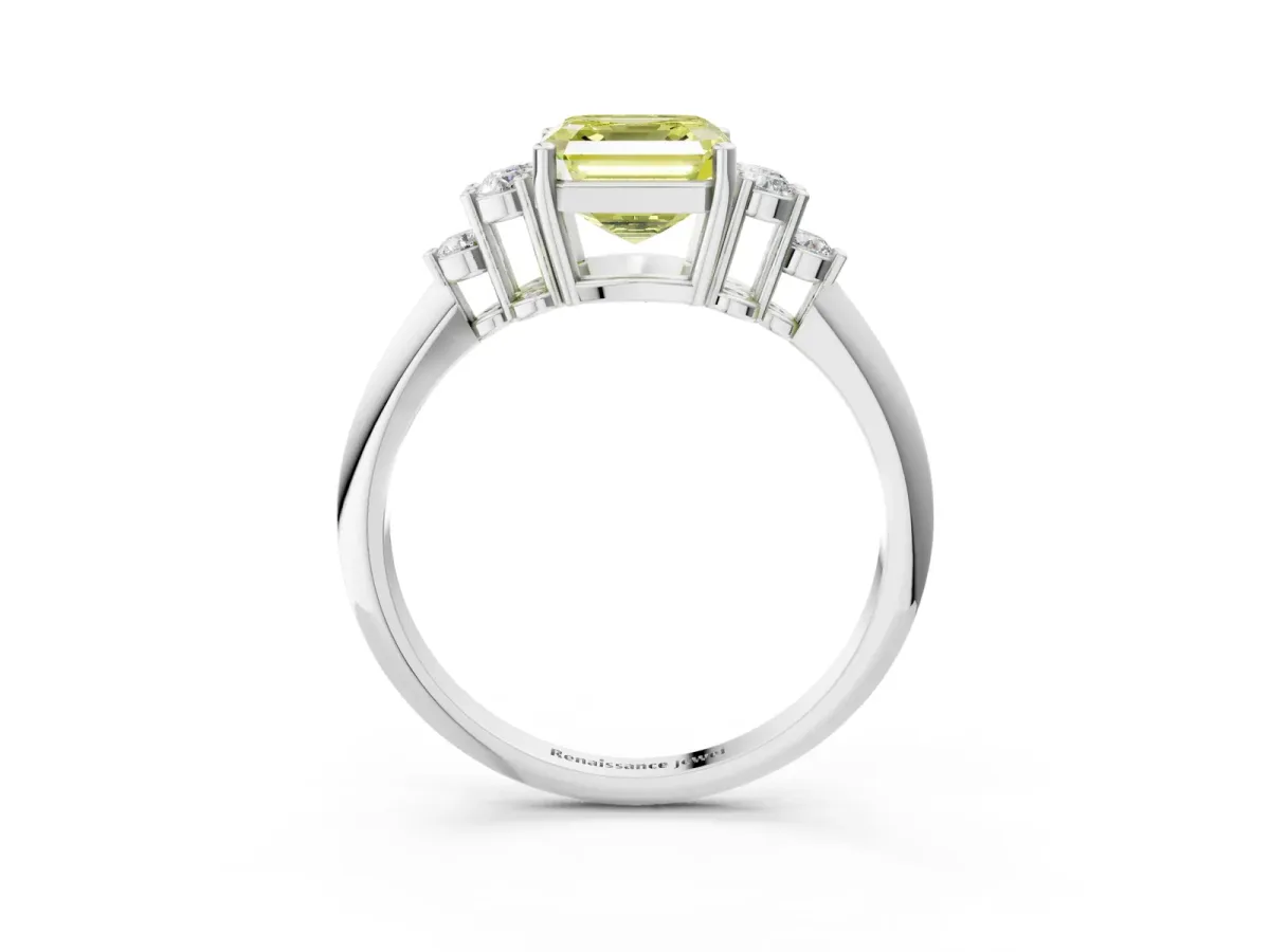 Fancy Yellow Asscher Cut Cut Diamond Cluster Ring with Solitaire Band and Four-Prong Setting Platinum