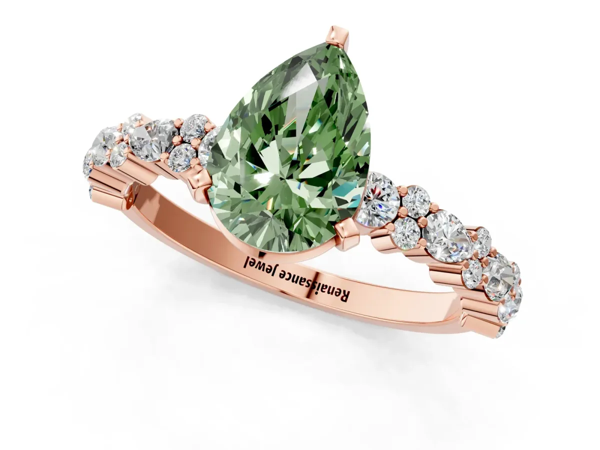 Fancy Green Pear Cut Diamond Side Stone Solitaire Ring with Round and Four-Prong Setting Rose gold