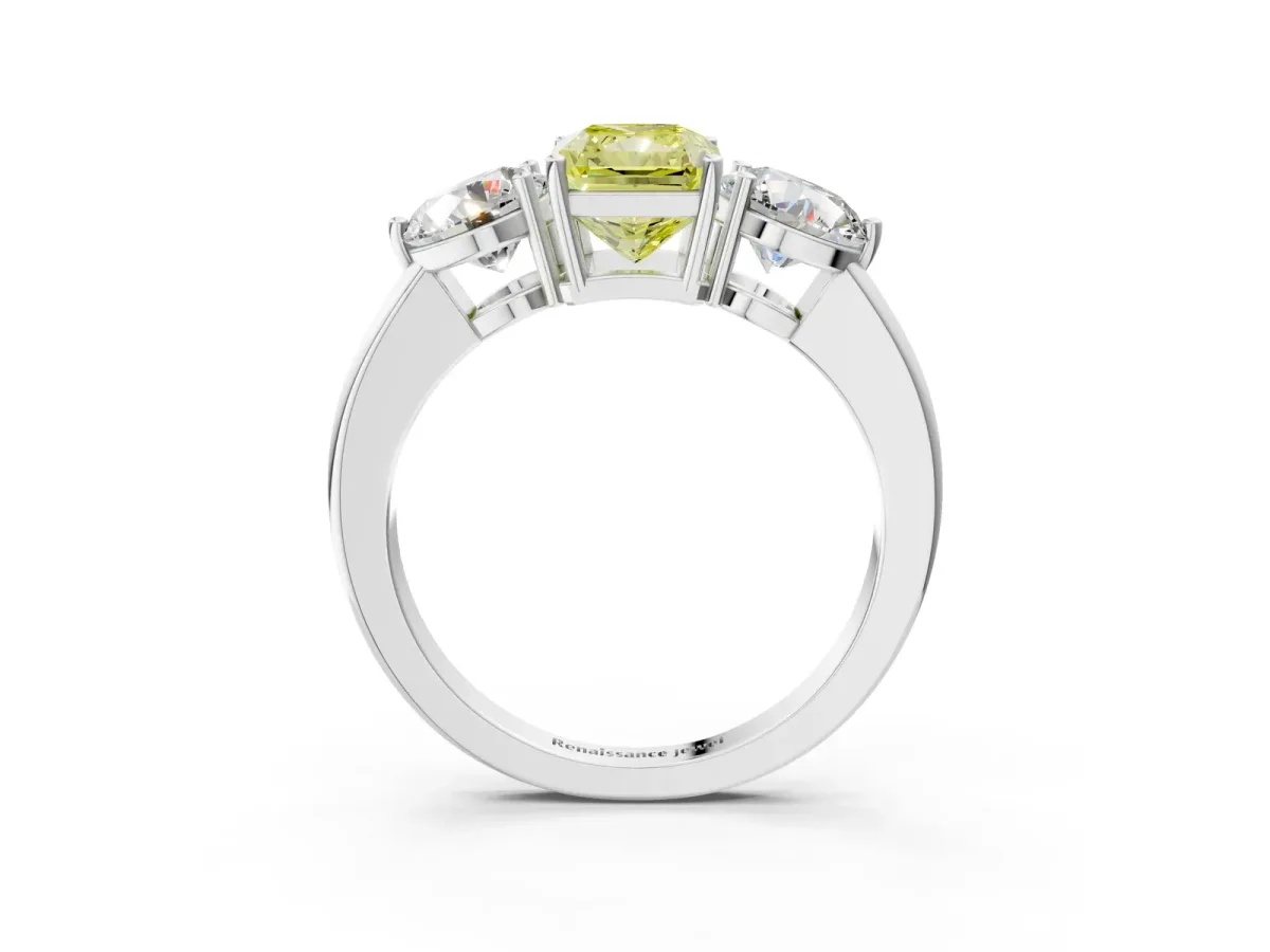 Fancy Yellow Radiant Cut Diamond Three-Stone Ring with Prong Setting and Classic Band Platinum